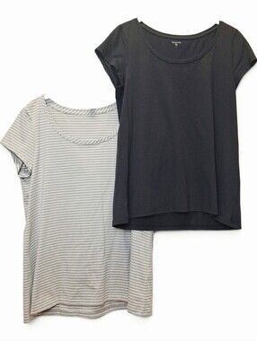 Set of 2 -Garnet Hill Wmn's Black & Gray/White Stripe 100% Cotton Shrt Slv T -S